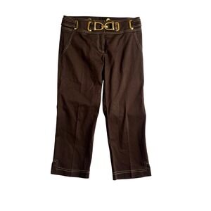 Cache Luxe Brown Cropped Capri Pants Gold Buckle Y2K Streetwear Vintage Size 6